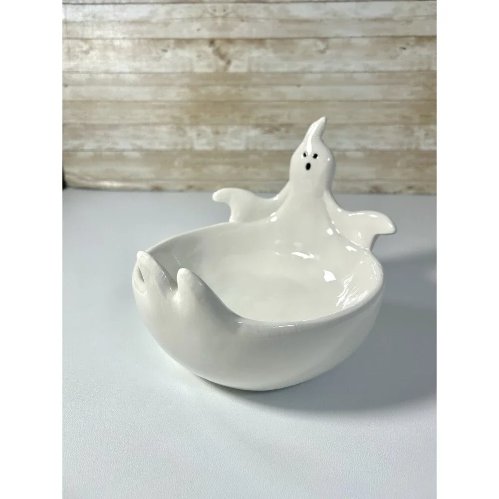 Haunted Manor White Ceramic Ghost Candy Bowl Dish Halloween Home Decor